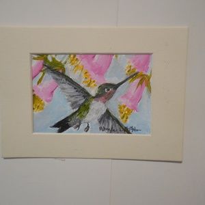 Hummingbird Pink Nectar Flowers Watercolor HAND CRAFTED Painting